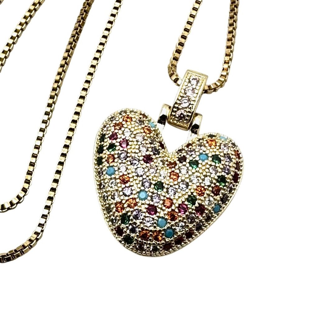 Multicolor Zircon 18K Yellow Gold Plated Heart Pendant Necklace 18 Inch Chain